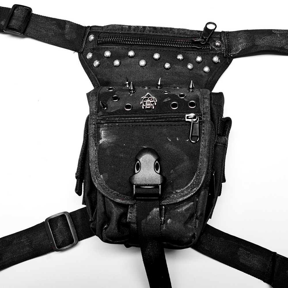 Punk Apocalypse Waist Bag with rivets and zippers for a stylish post-apocalyptic look.
