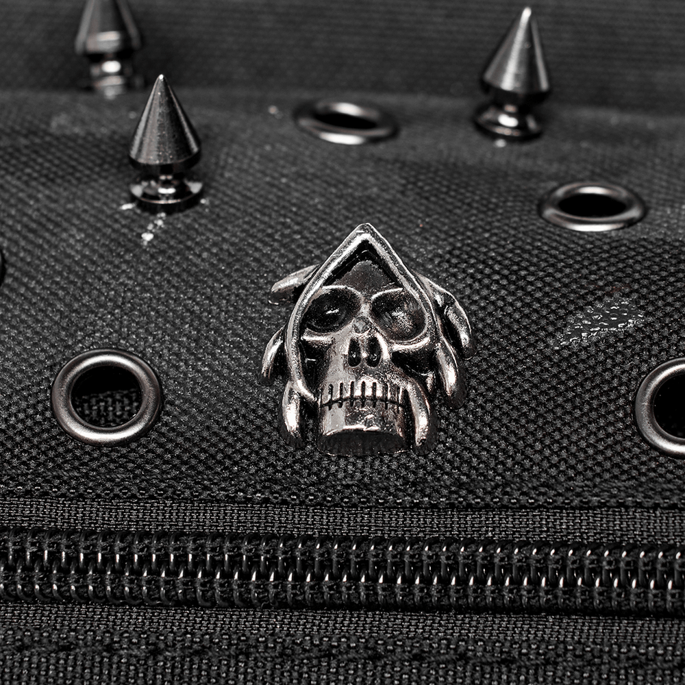Close-up of Punk Apocalypse Waist Bag featuring rivets, a skull emblem, and zippers for a rebellious style.