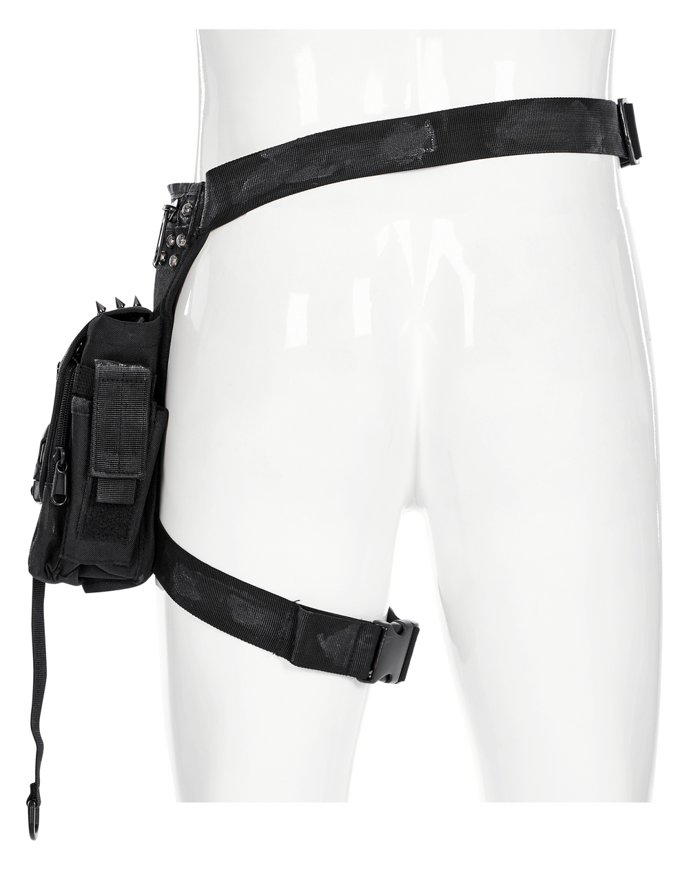 Punk Apocalypse Waist Bag: Adjustable black rivet bag with zippers, showcasing a rugged design on a mannequin.