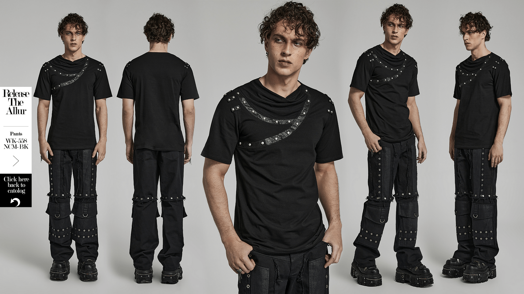 Punk Asymmetric Cracked Leather T-Shirt with Rivets, showcasing edgy design and stylish model in urban attire.