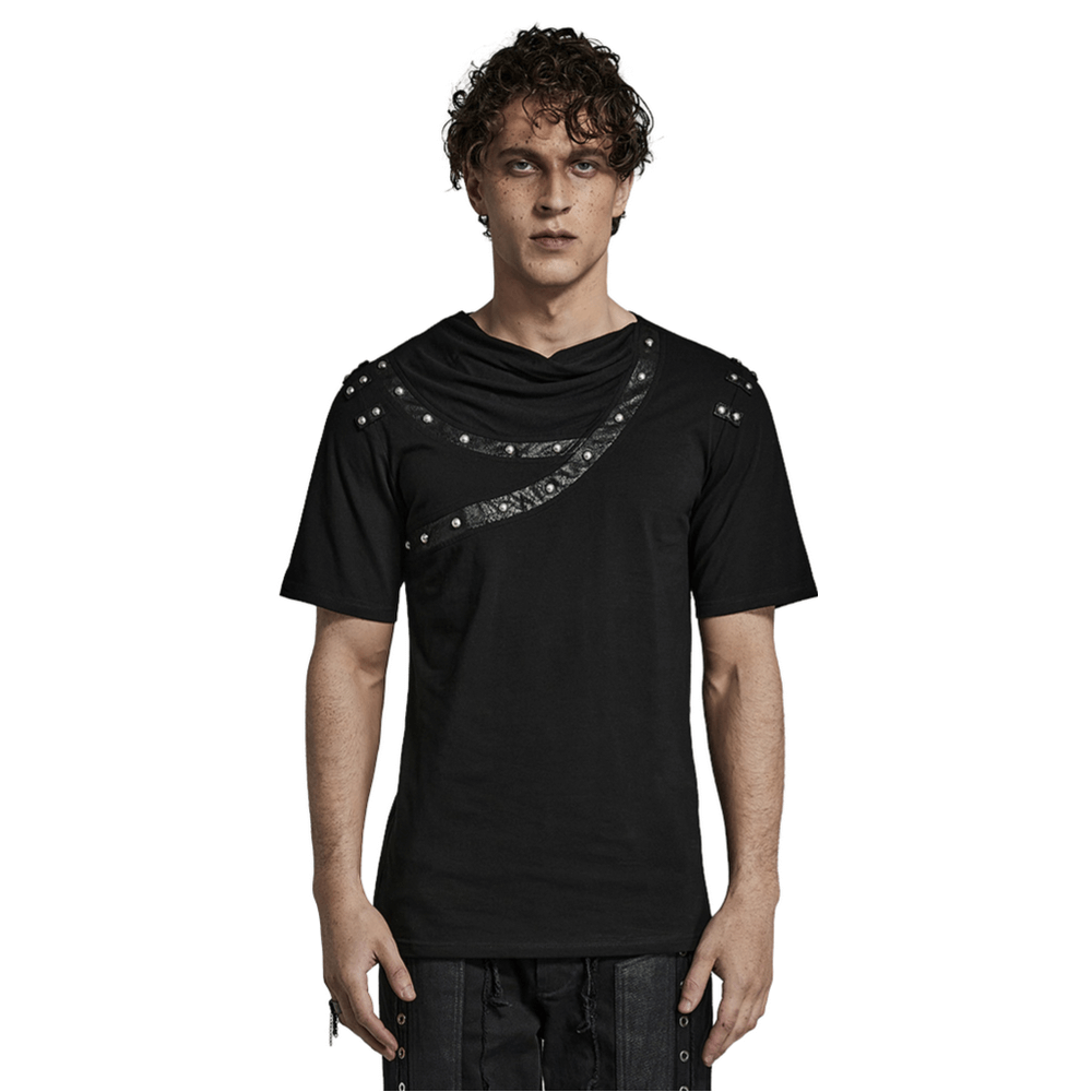 Punk asymmetric cracked leather t-shirt with rivets on a model, showcasing edgy style and comfortable fit.