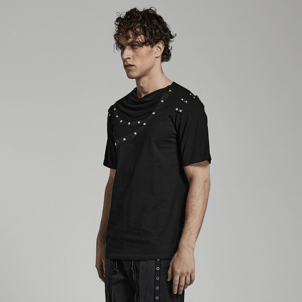 Punk asymmetric cracked leather T-shirt with rivets, showcasing edgy style and comfortable fit.