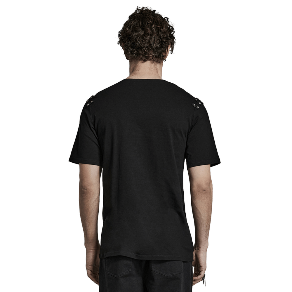 Back view of Punk Asymmetric Cracked Leather T-Shirt featuring rivet details and a relaxed fit.