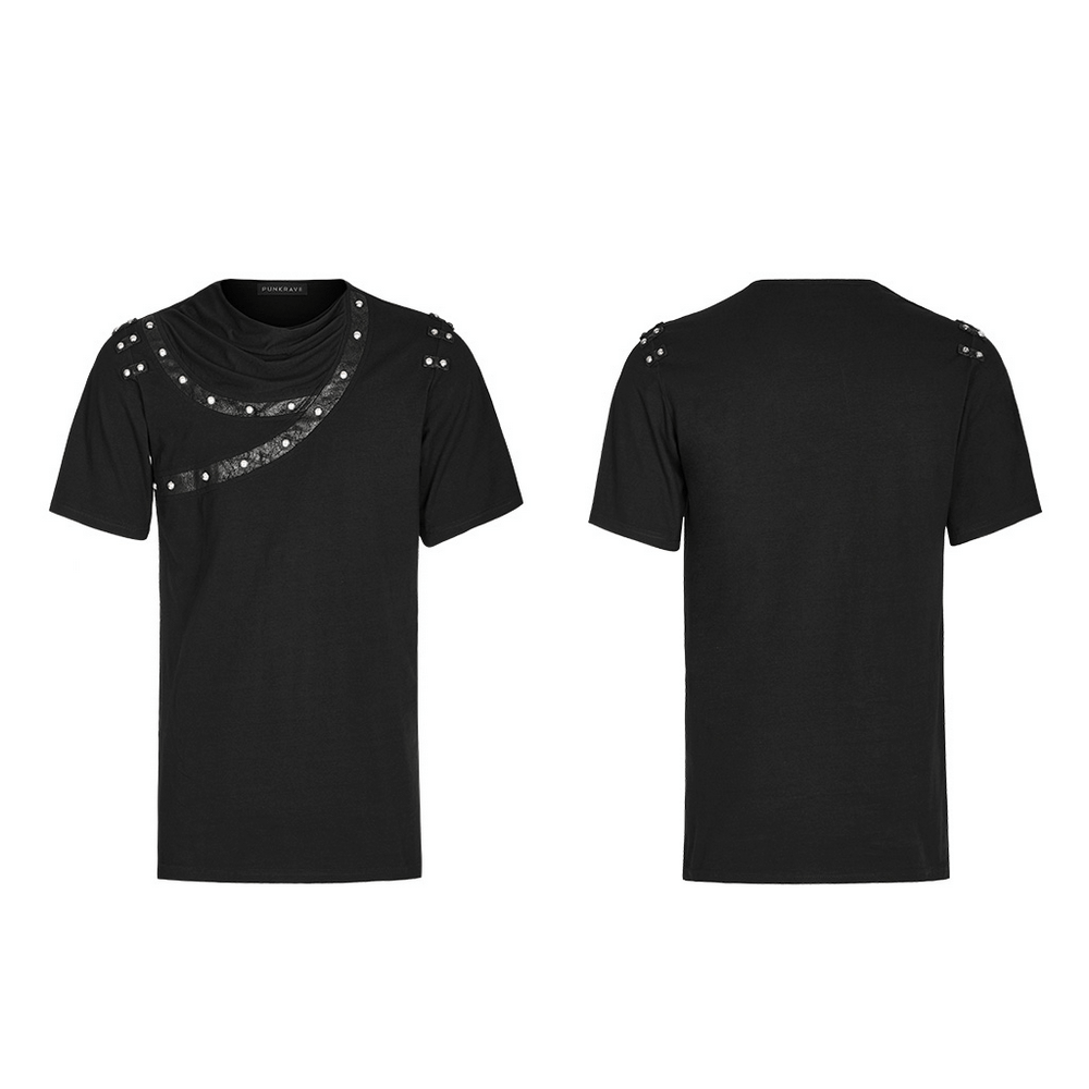 Punk asymmetric t-shirt in black with cracked leather and rivets, showcasing a unique grunge style.