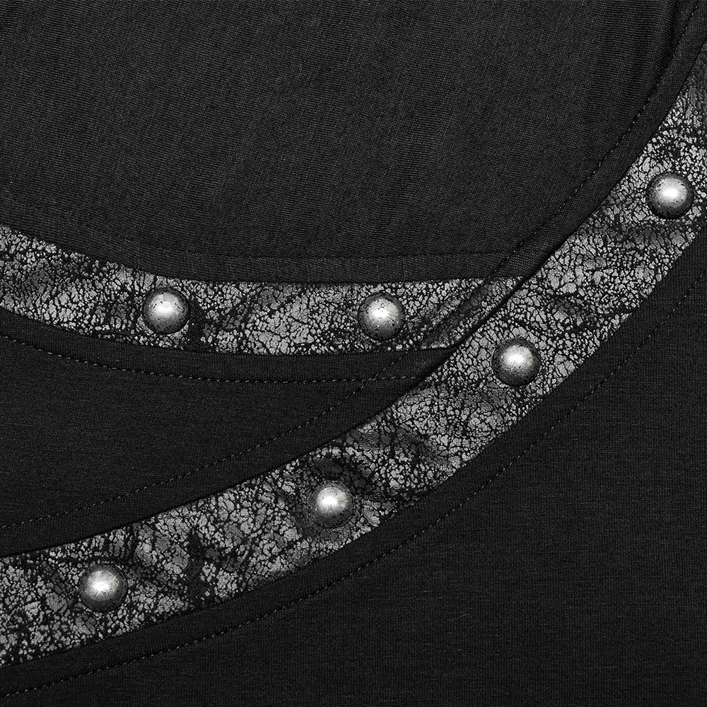 Punk asymmetric black t-shirt detail featuring cracked leather and rivets for an edgy style.