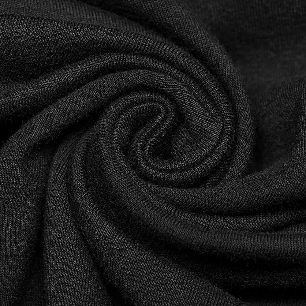 Close-up of black stretchy knit fabric, perfect for a comfortable and edgy punk T-shirt.