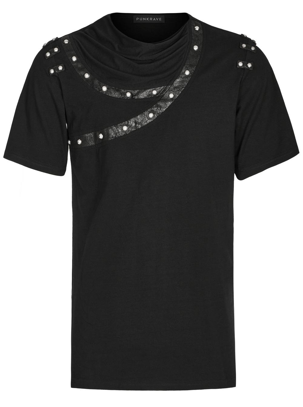 Punk asymmetric cracked leather T-shirt with rivets, featuring a drop collar and edgy grunge style.
