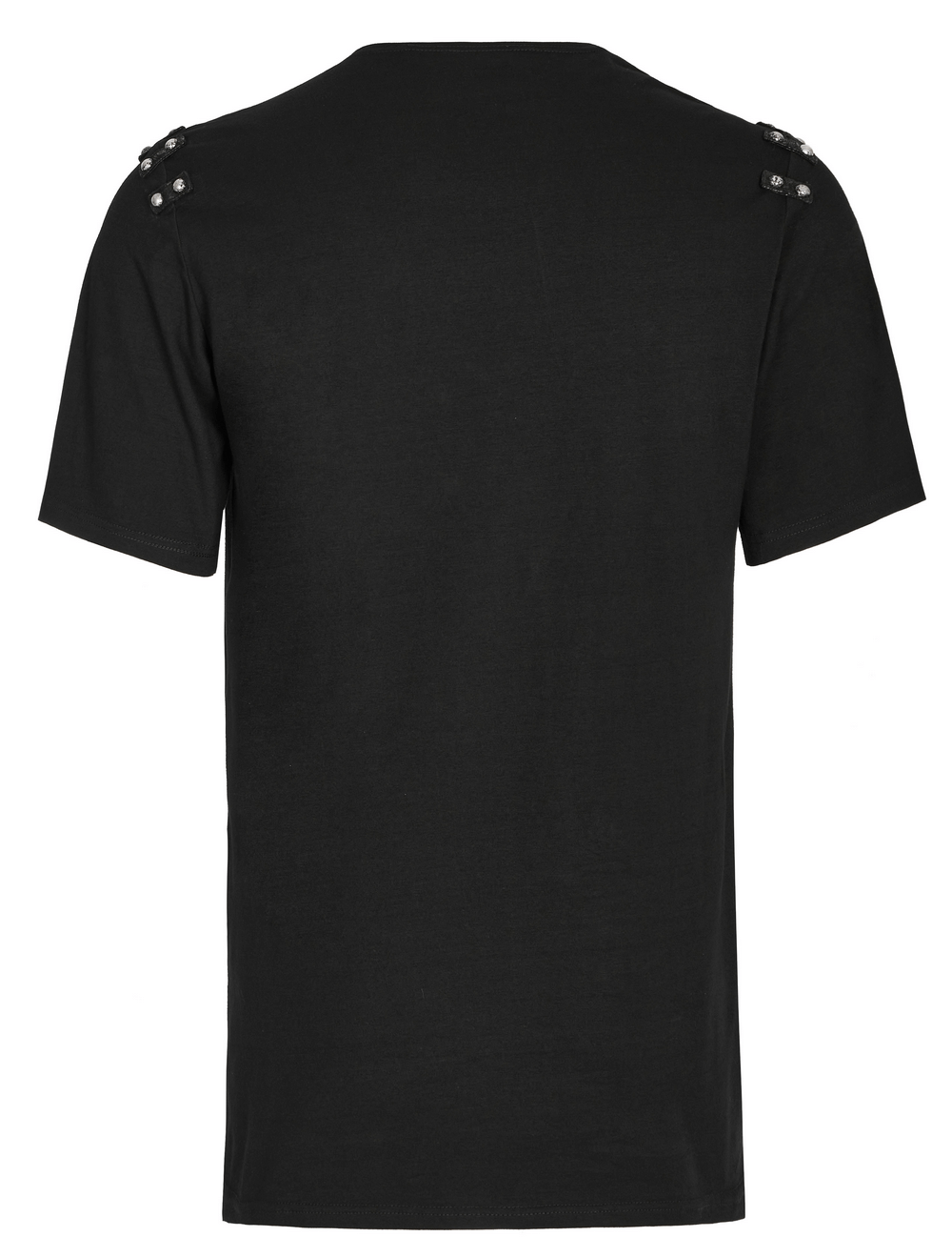 Back view of Punk Asymmetric Cracked Leather T-Shirt showcasing edgy rivets and grunge design elements.