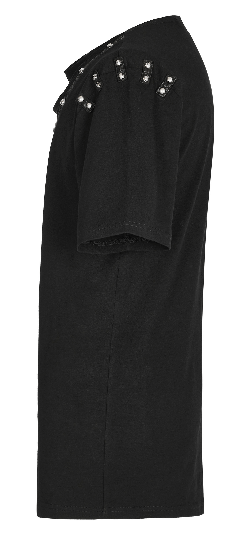 Side view of punk asymmetric black T-shirt with cracked leather, rivets, and grunge loops for a rebellious look.