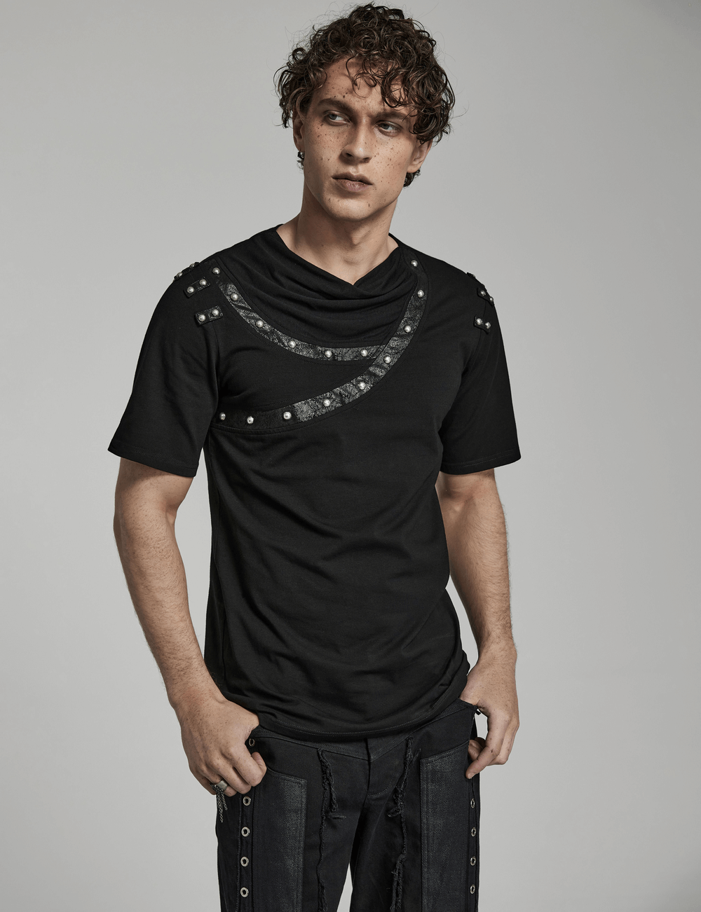 Punk Asymmetric Cracked Leather T-Shirt with Rivets - HARD'N'HEAVY