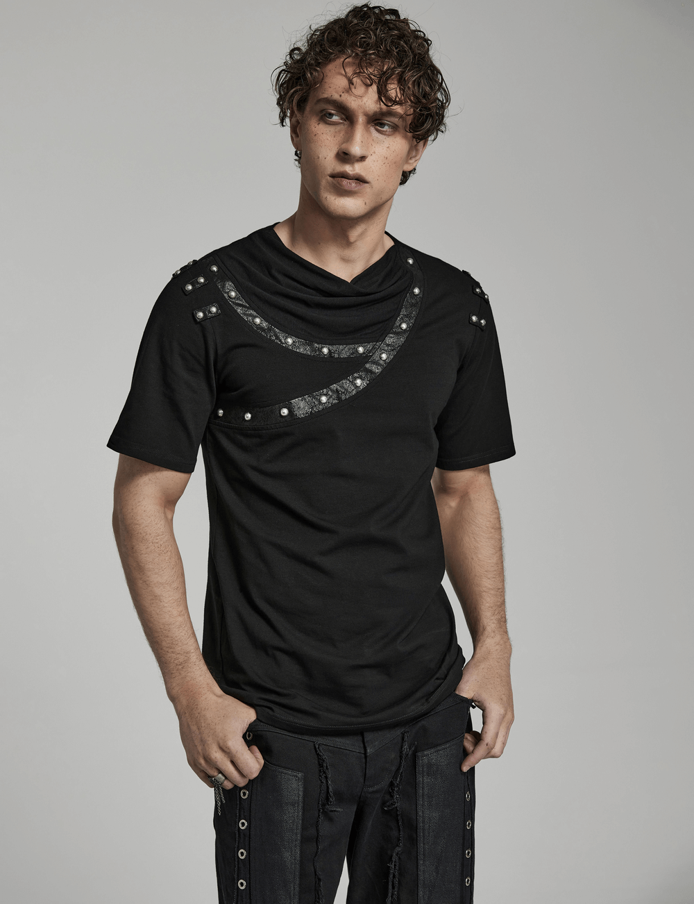 Punk asymmetric cracked leather T-shirt featuring rivets and a stylish drop collar.