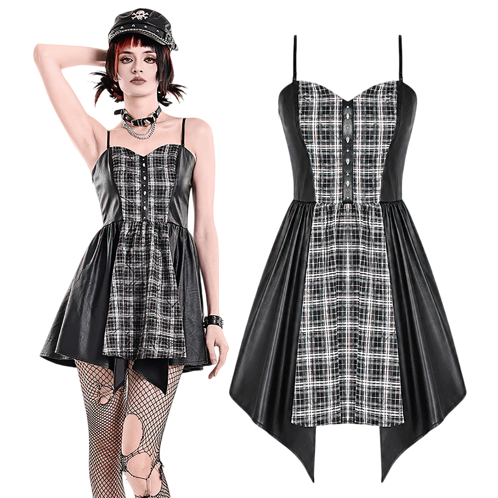 Punk Asymmetric Midi Dress with Faux Leather Panels, black gothic plaid corset dress with high-low skirt
