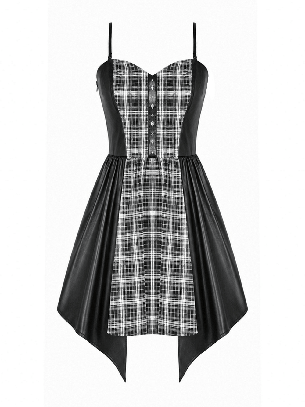 Punk Asymmetric Midi Dress with Faux Leather Panels black gothic plaid corset dress with high-low skirt