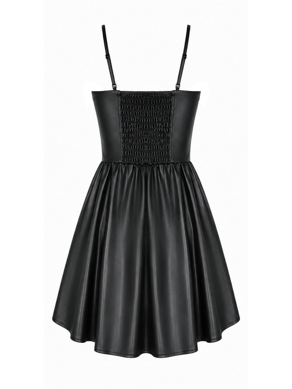 Punk Asymmetric Midi Dress with Faux Leather Panels, gothic black plaid corset dress with high-low skirt and slim straps