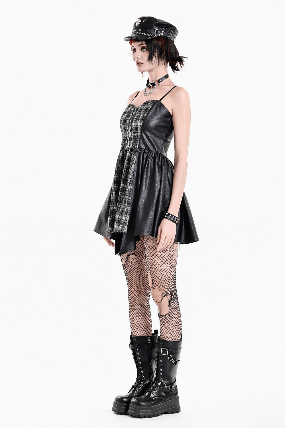 Punk Asymmetric Midi Dress with Faux Leather Panels, gothic plaid corset mini dress with high-low hem