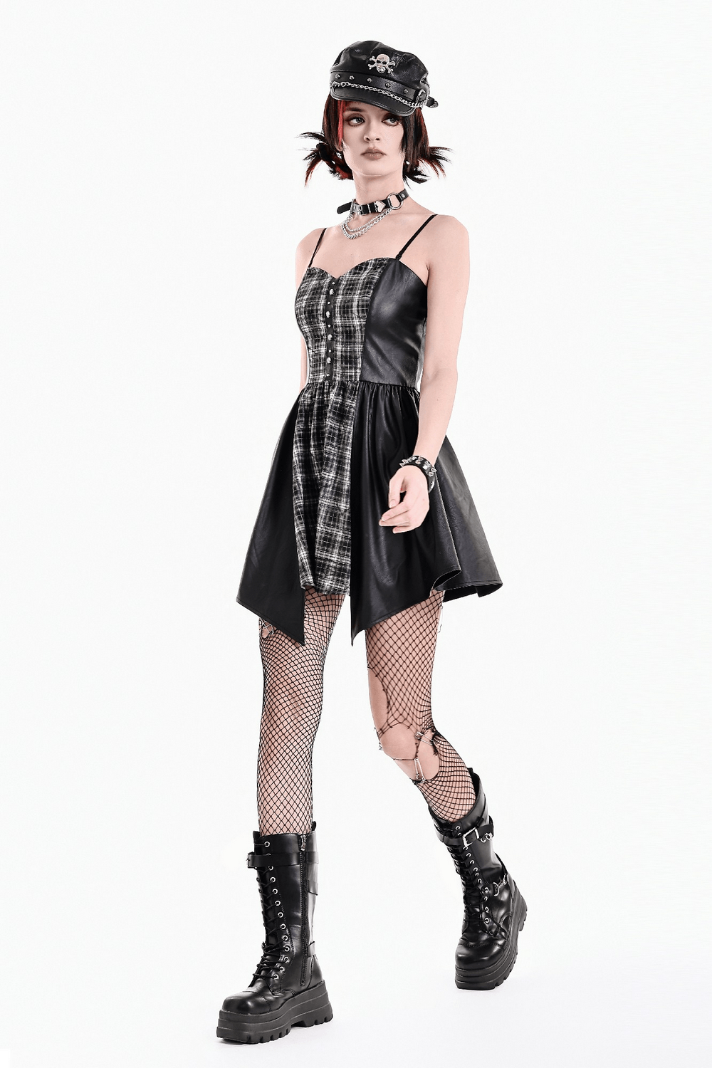 Punk Asymmetric Midi Dress with Faux Leather Panels, gothic plaid corset dress with high-low hem and platform boots
