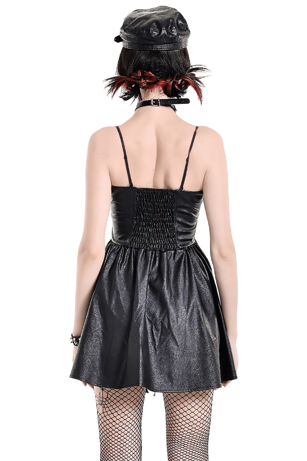 Punk Asymmetric Midi Dress with Faux Leather Panels, gothic black plaid corset dress with high-low skirt and straps
