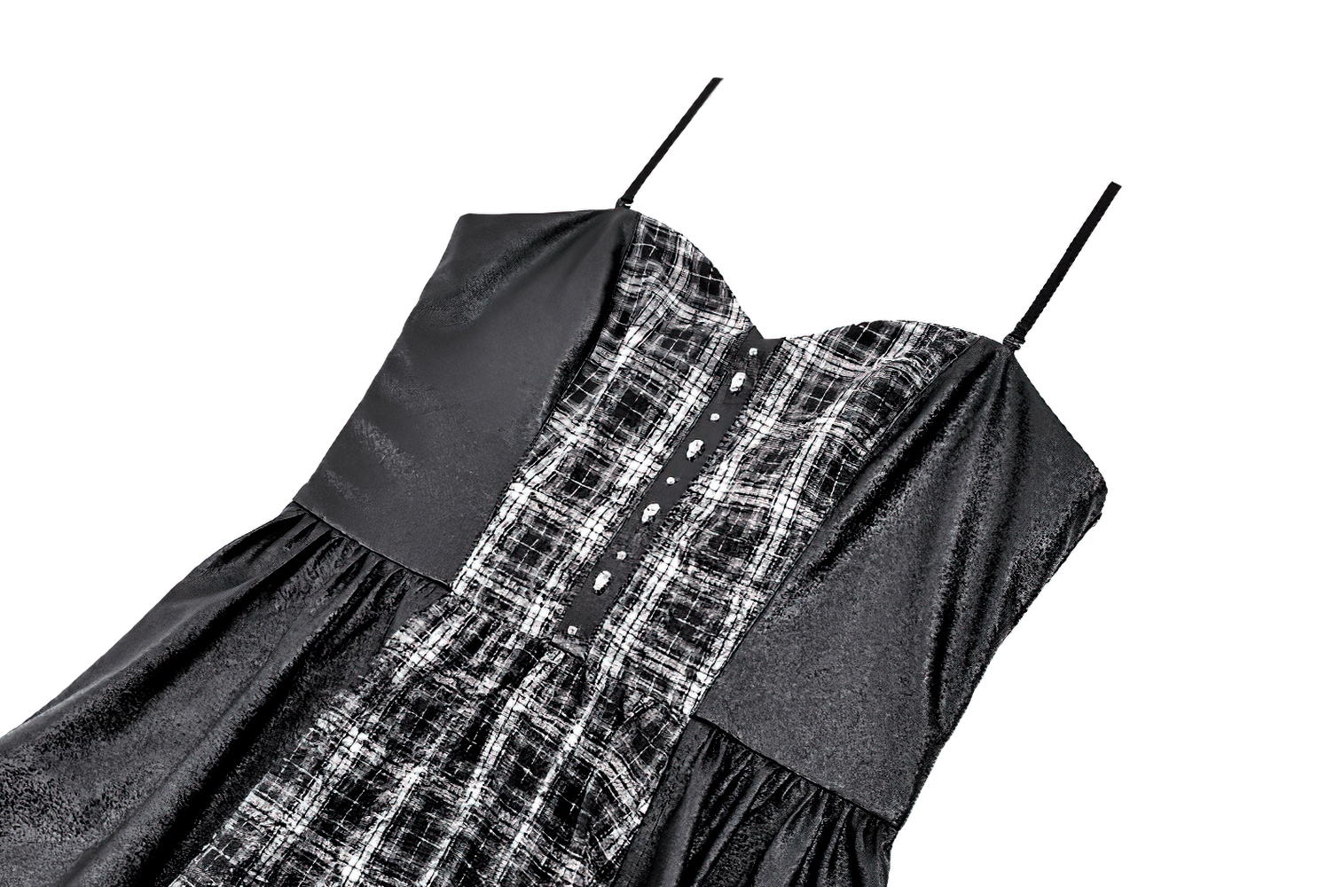 Punk Asymmetric Midi Dress with Faux Leather Panels, gothic plaid corset dress with high-low skirt and straps