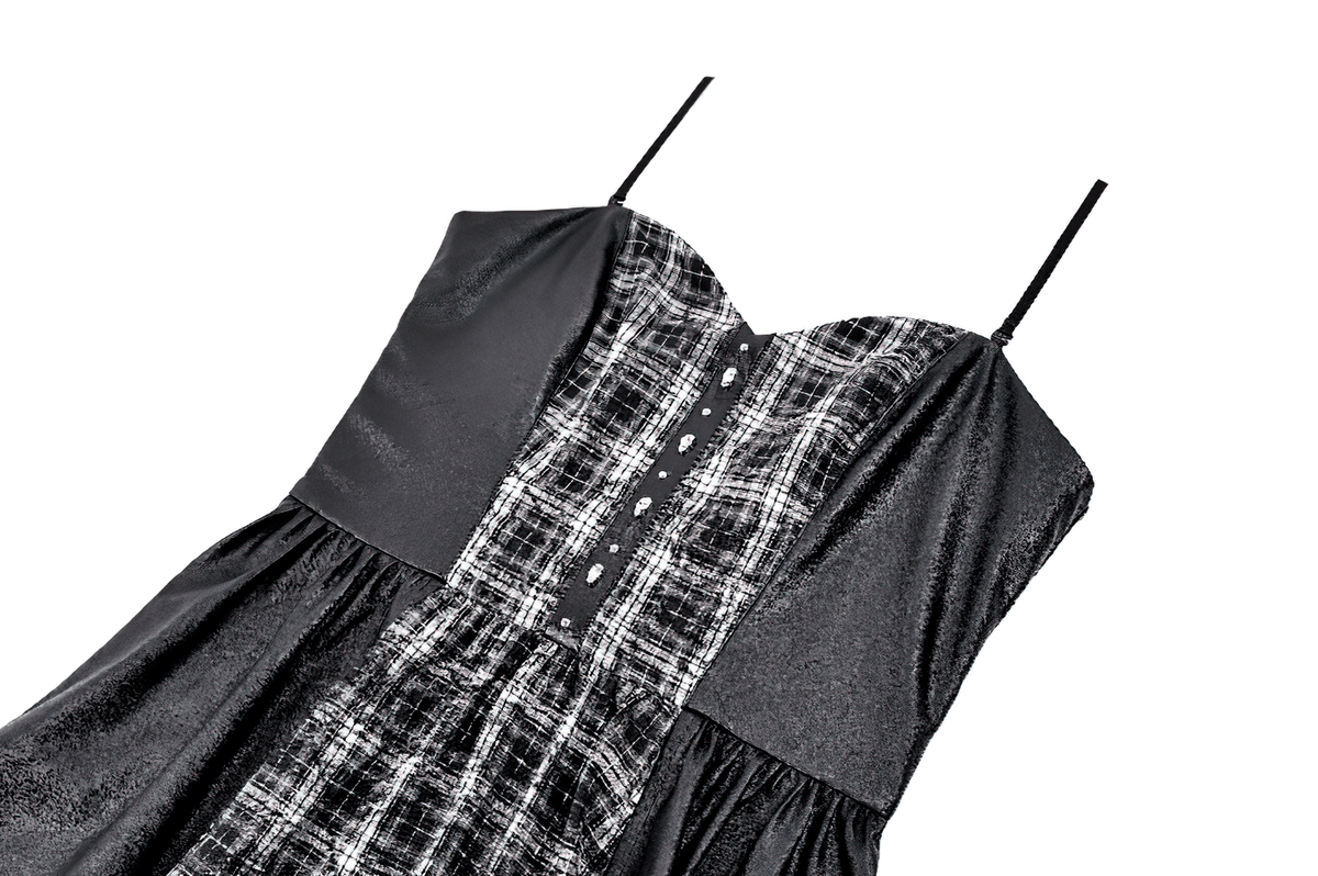 Punk Asymmetric Midi Dress with Faux Leather Panels, gothic plaid corset dress with high-low skirt and straps