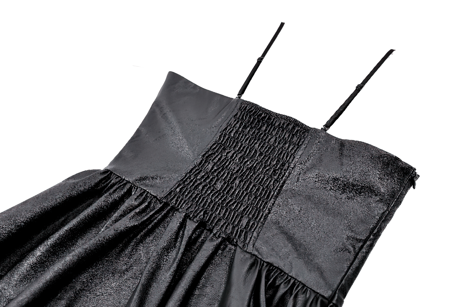 Punk Asymmetric Midi Dress with Faux Leather Panels, gothic plaid corset style dress with high-low skirt and slim straps