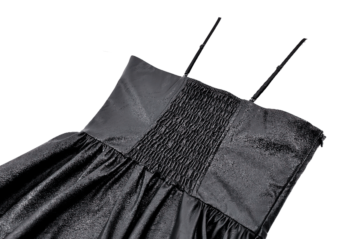 Punk Asymmetric Midi Dress with Faux Leather Panels, gothic plaid corset style dress with high-low skirt and slim straps