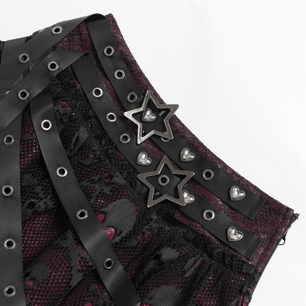Punk Asymmetric Skirt with Belts and Star Buckles featuring skull mesh, star buckles, and grommet strap details.