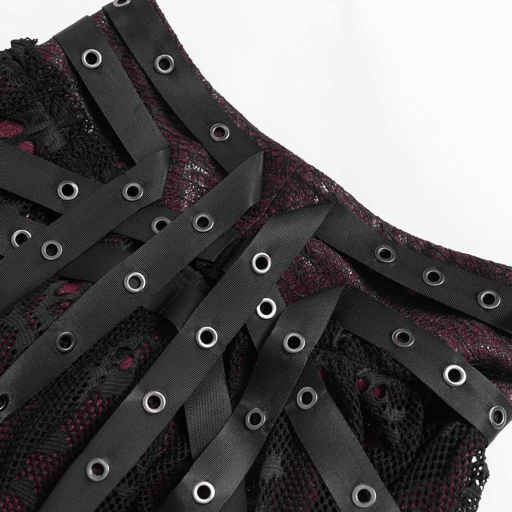 Punk Asymmetric Skirt with Belts and Star Buckles showcasing lace, grommet straps, and burgundy accents.