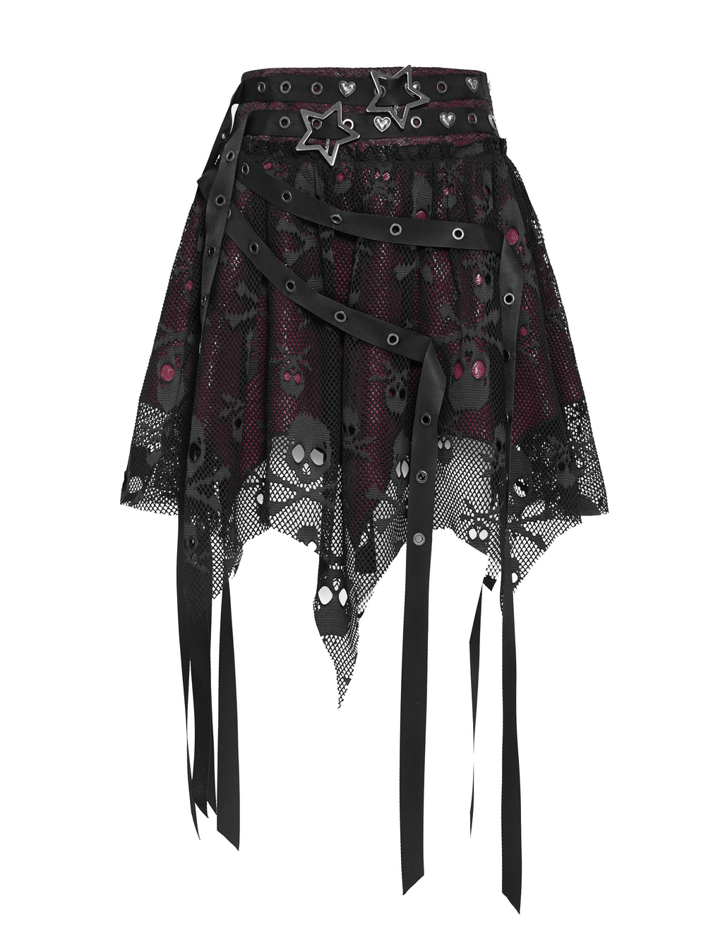 Punk Asymmetric Skirt with Belts and Star Buckles featuring skull mesh and layered design.