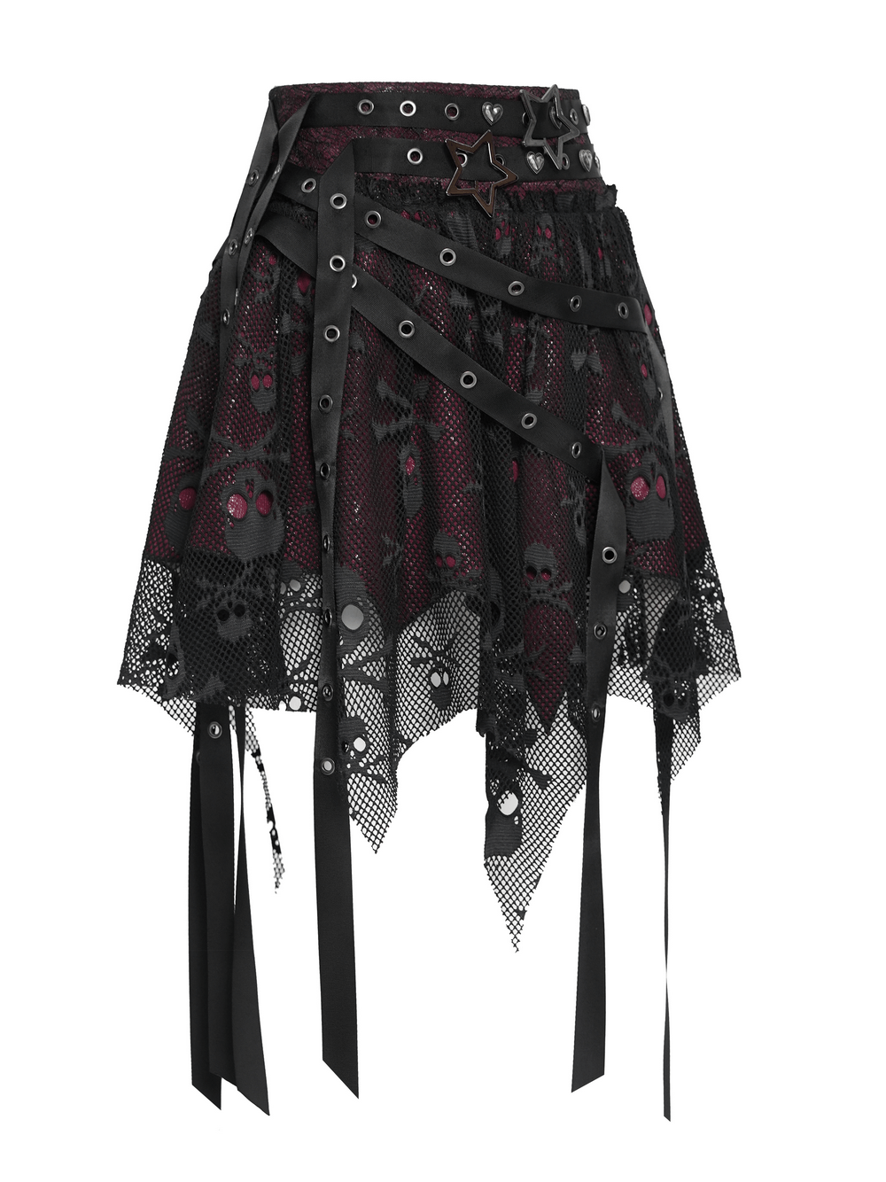 Punk Asymmetric Skirt with Belts and Star Buckles featuring gothic lace and skull mesh details.