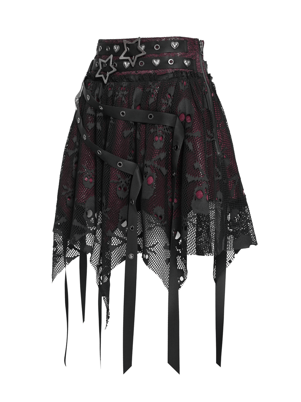 Punk Asymmetric Skirt with Belts and Star Buckles featuring skull mesh and grommet details.