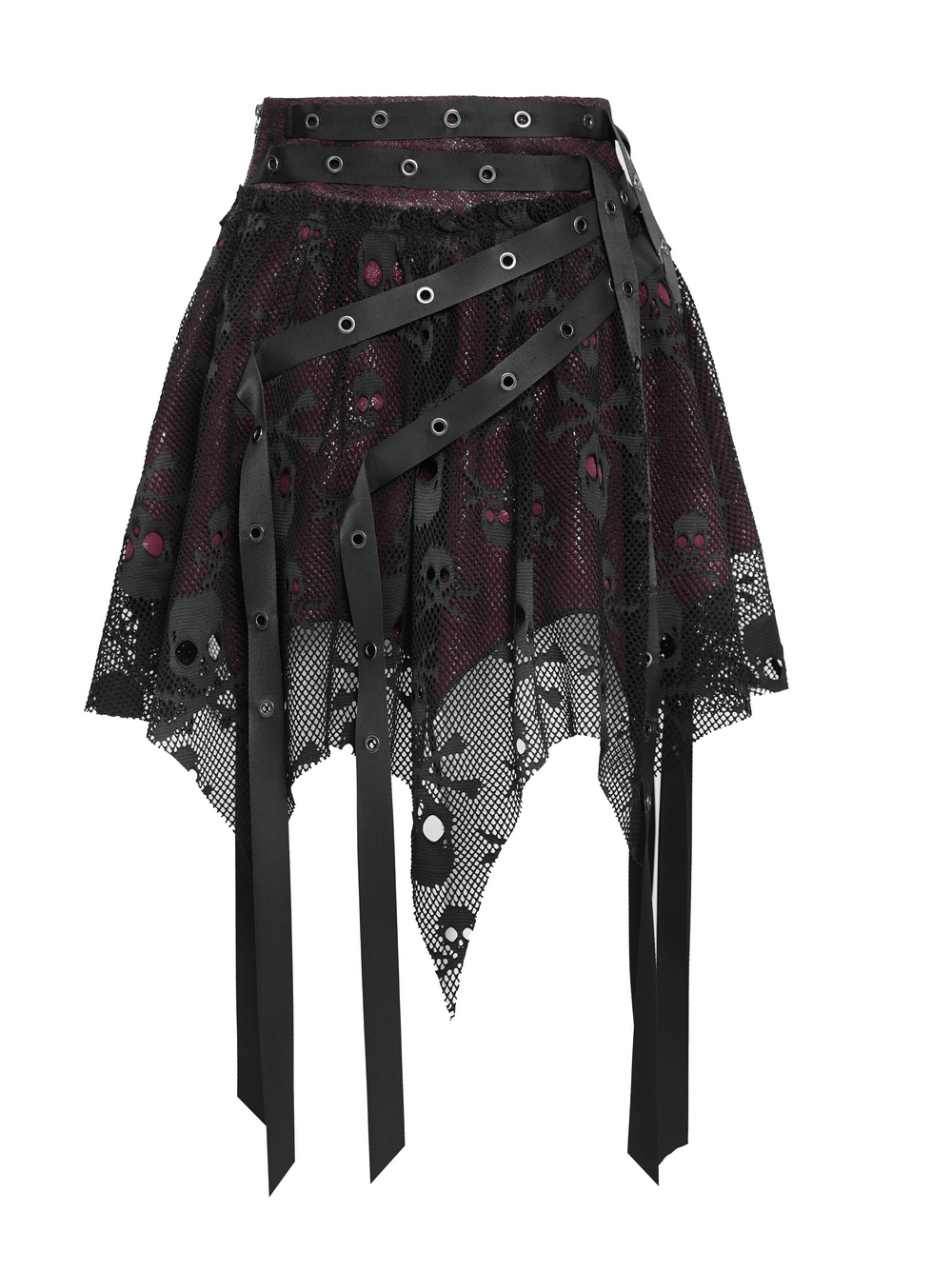 Punk Asymmetric Skirt with Belts and Star Buckles featuring skull mesh and strap details.