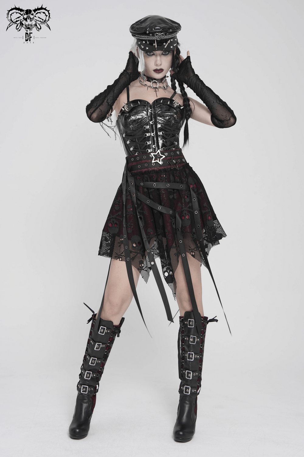 Punk Asymmetric Skirt with Belts and Star Buckles styled with goth accessories and boots