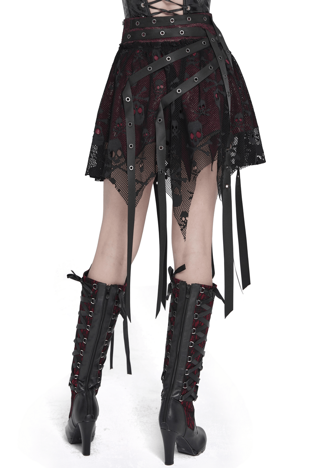Punk Asymmetric Skirt with Belts and Star Buckles showcasing gothic lace and skull mesh details.