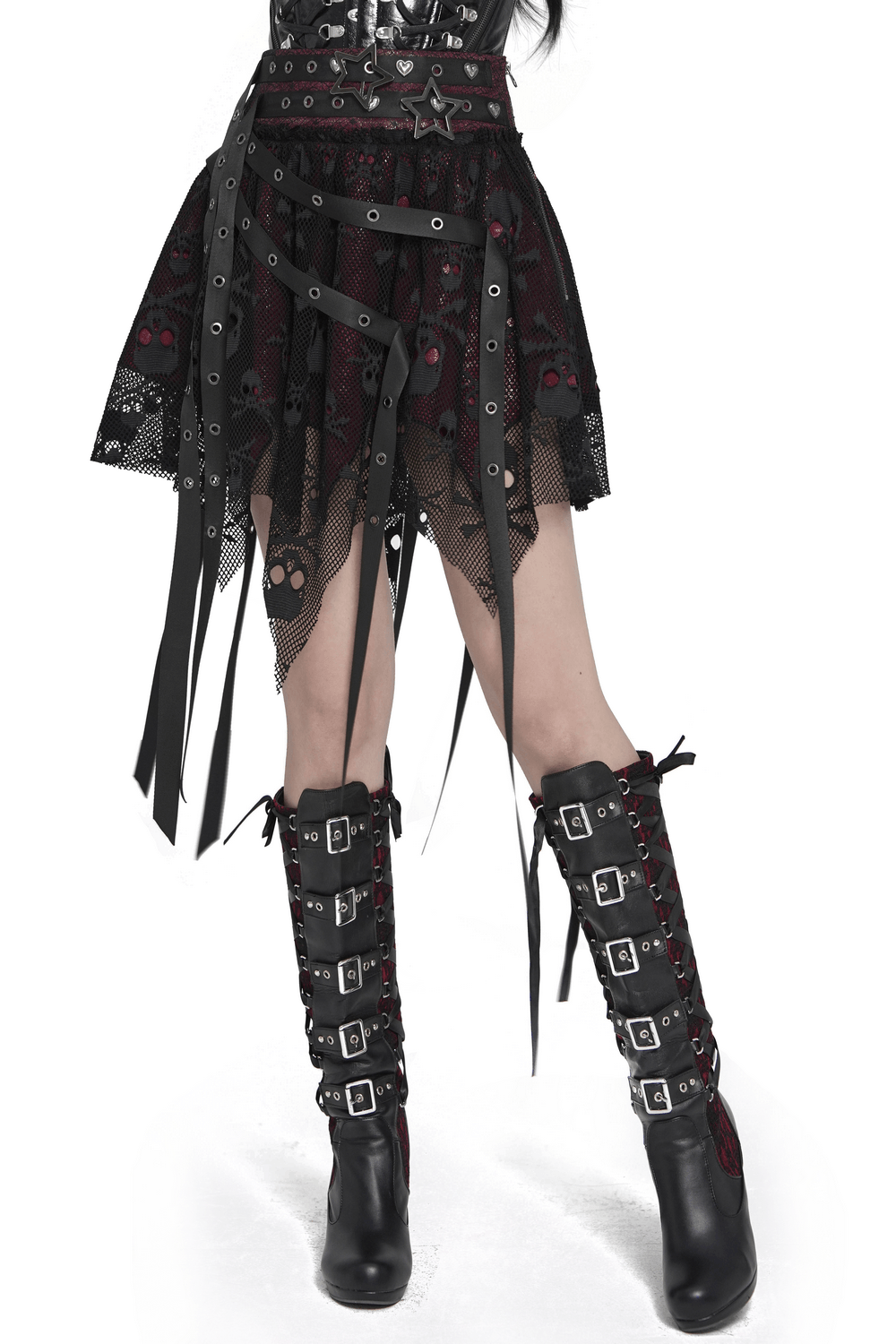 Punk Asymmetric Skirt with Belts and Star Buckles showcasing layered mesh and skull details.