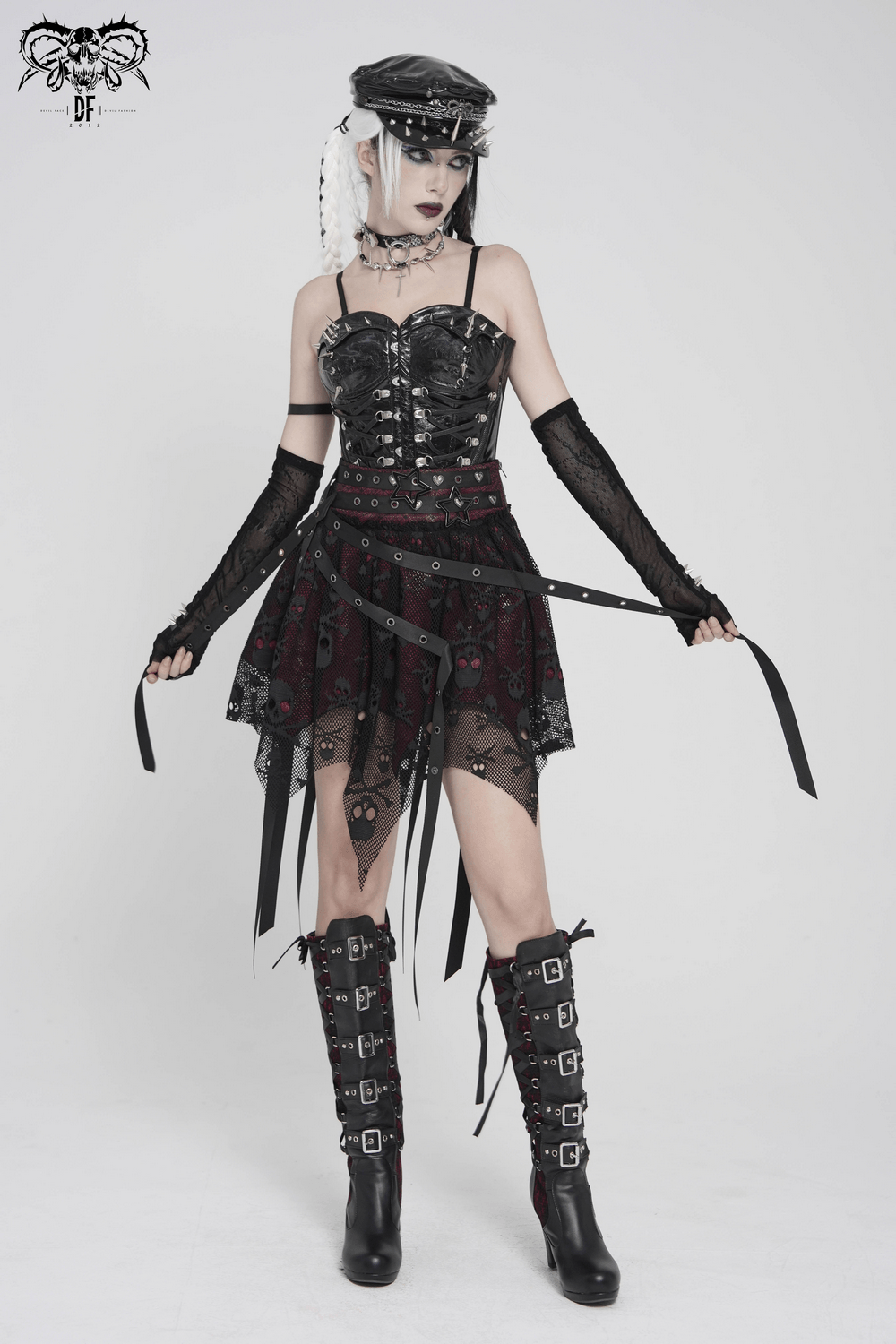 Punk Asymmetric Skirt with Belts and Star Buckles showcased with gothic lace and punk hardware details.