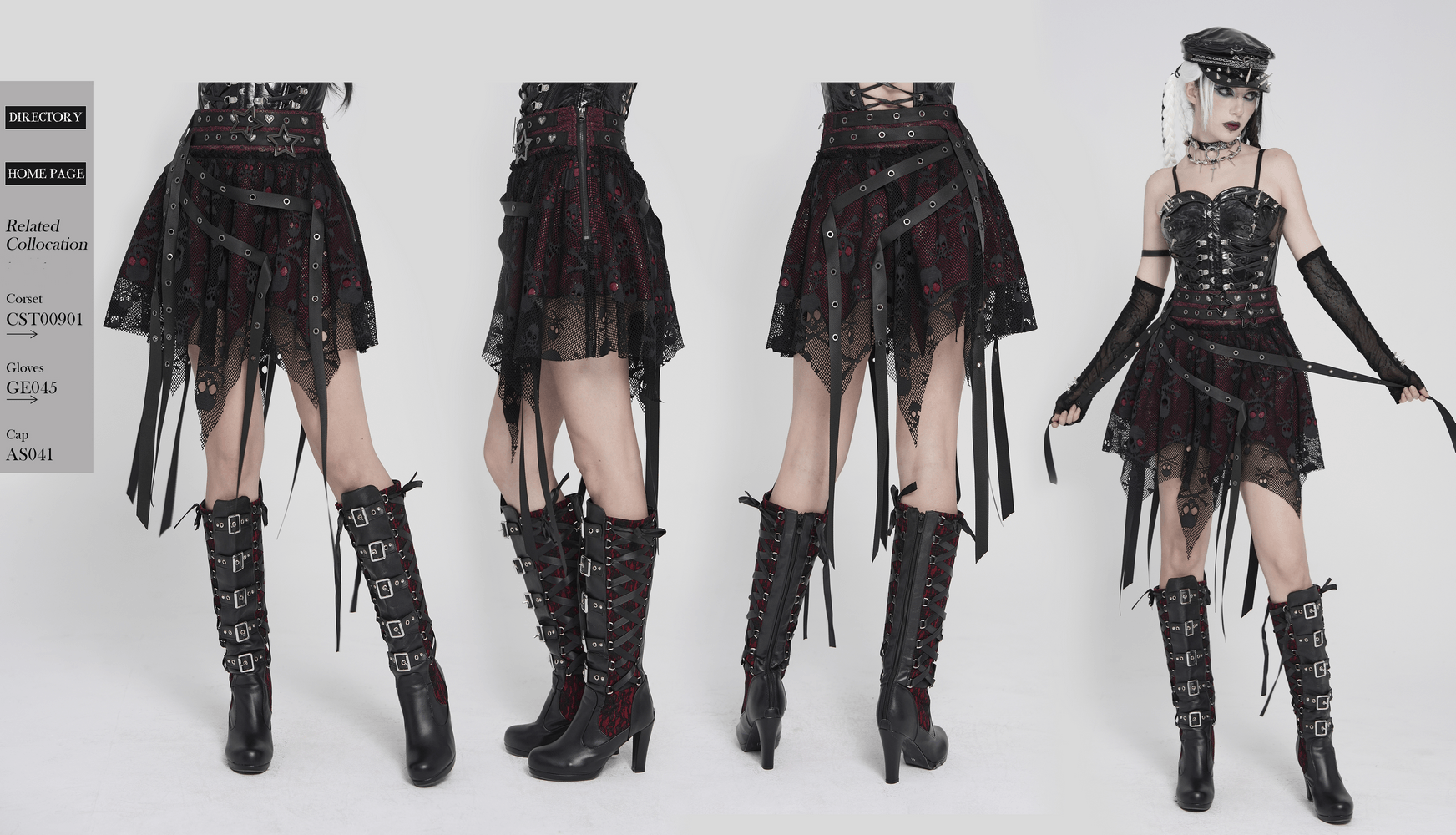 Punk Asymmetric Skirt with Belts and Star Buckles showcased on model with gothic lace details and punk accessories.