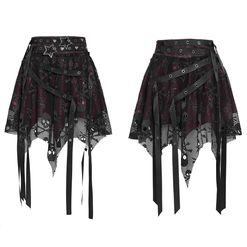 Punk Asymmetric Skirt with Belts and Star Buckles featuring skull lace and strap details.