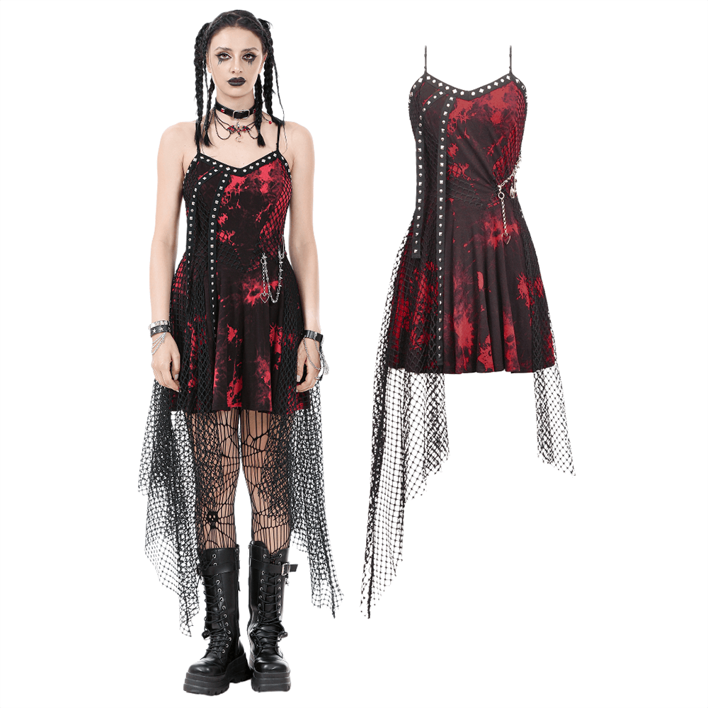 Punk asymmetrical dress in tie-dye with studded chain and flowing fishnet skirt, perfect for gothic fashion.