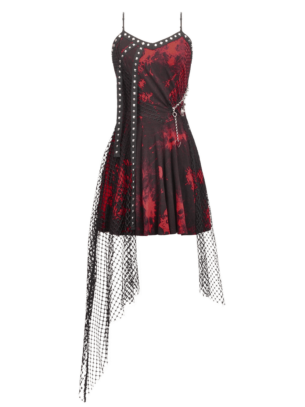 Punk asymmetrical dress with studded chain and fishnet, featuring gothic tie-dye style and edgy design.