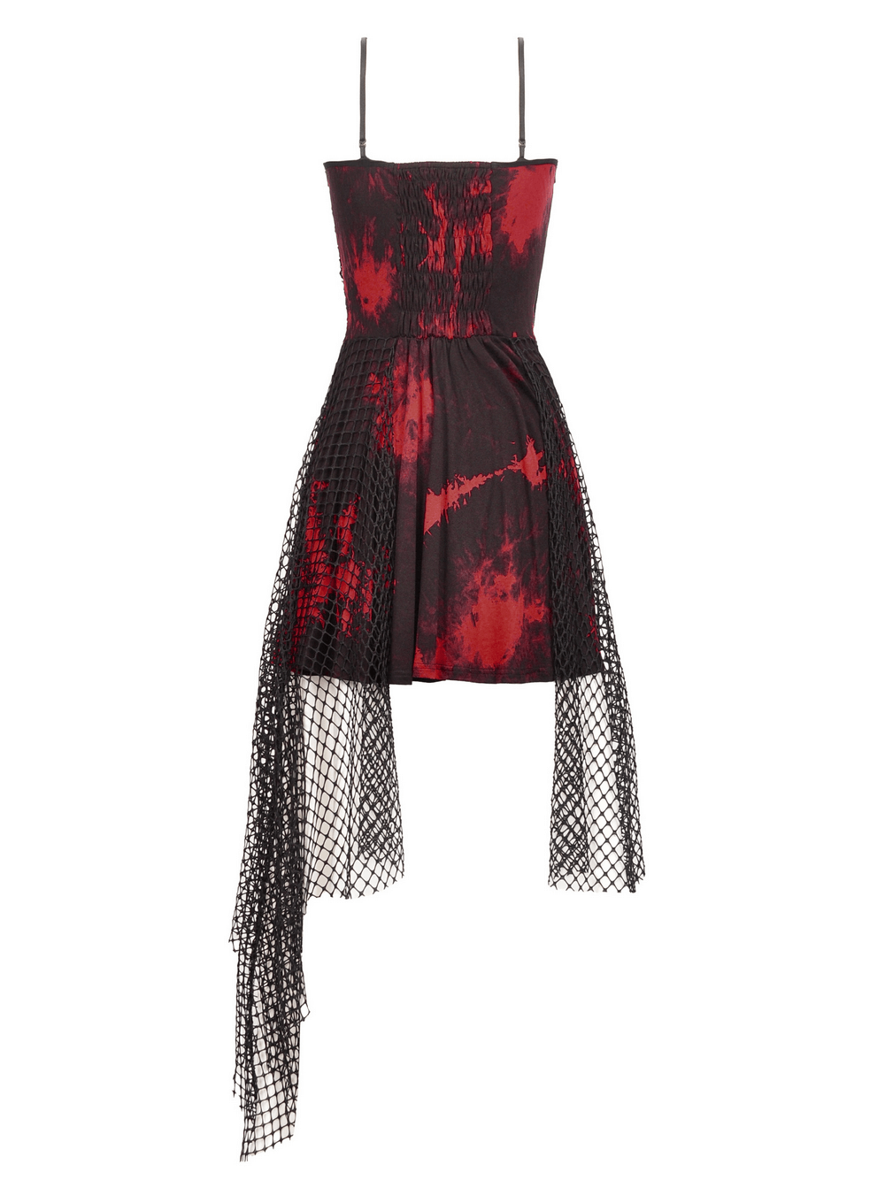 Punk asymmetrical gothic dress with tie-dye patterns, studded chain, and flowing fishnet skirt.