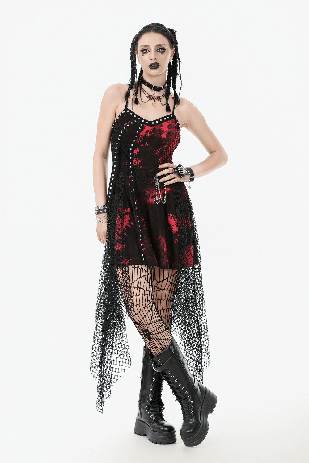 Punk asymmetrical dress with studded chain and fishnet, perfect for gothic fashion and bold style.