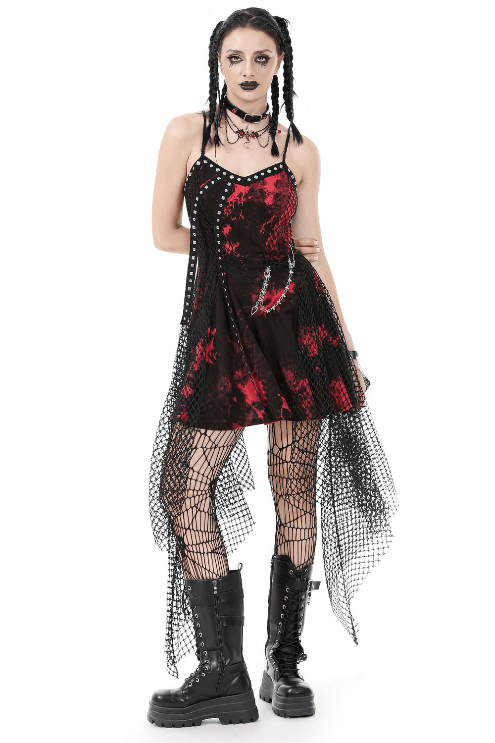 Punk asymmetrical dress with studded chain and fishnet for gothic style lovers.