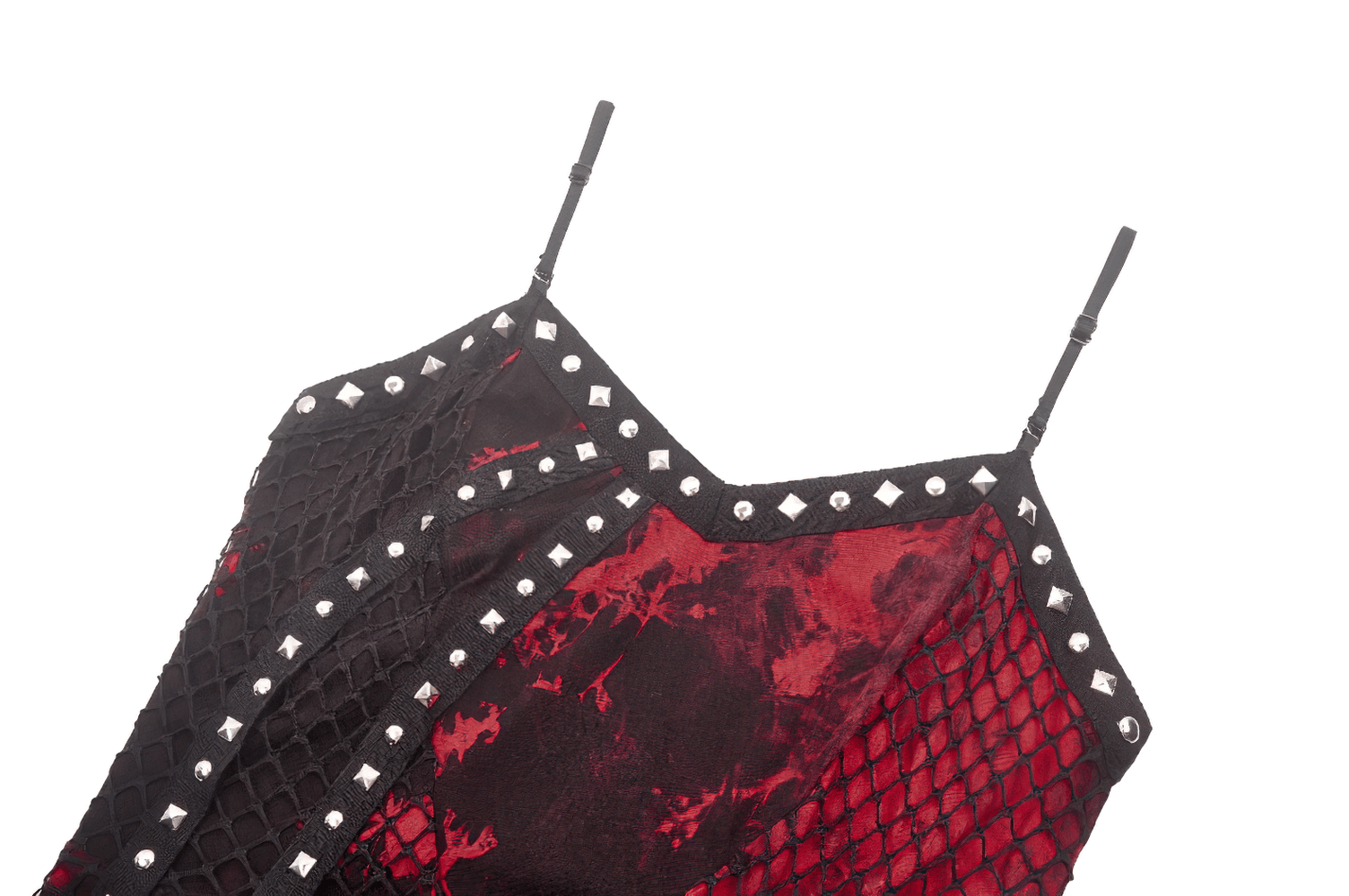 Punk asymmetrical dress featuring studded chain, fishnet details, and bold tie-dye pattern in red and black.
