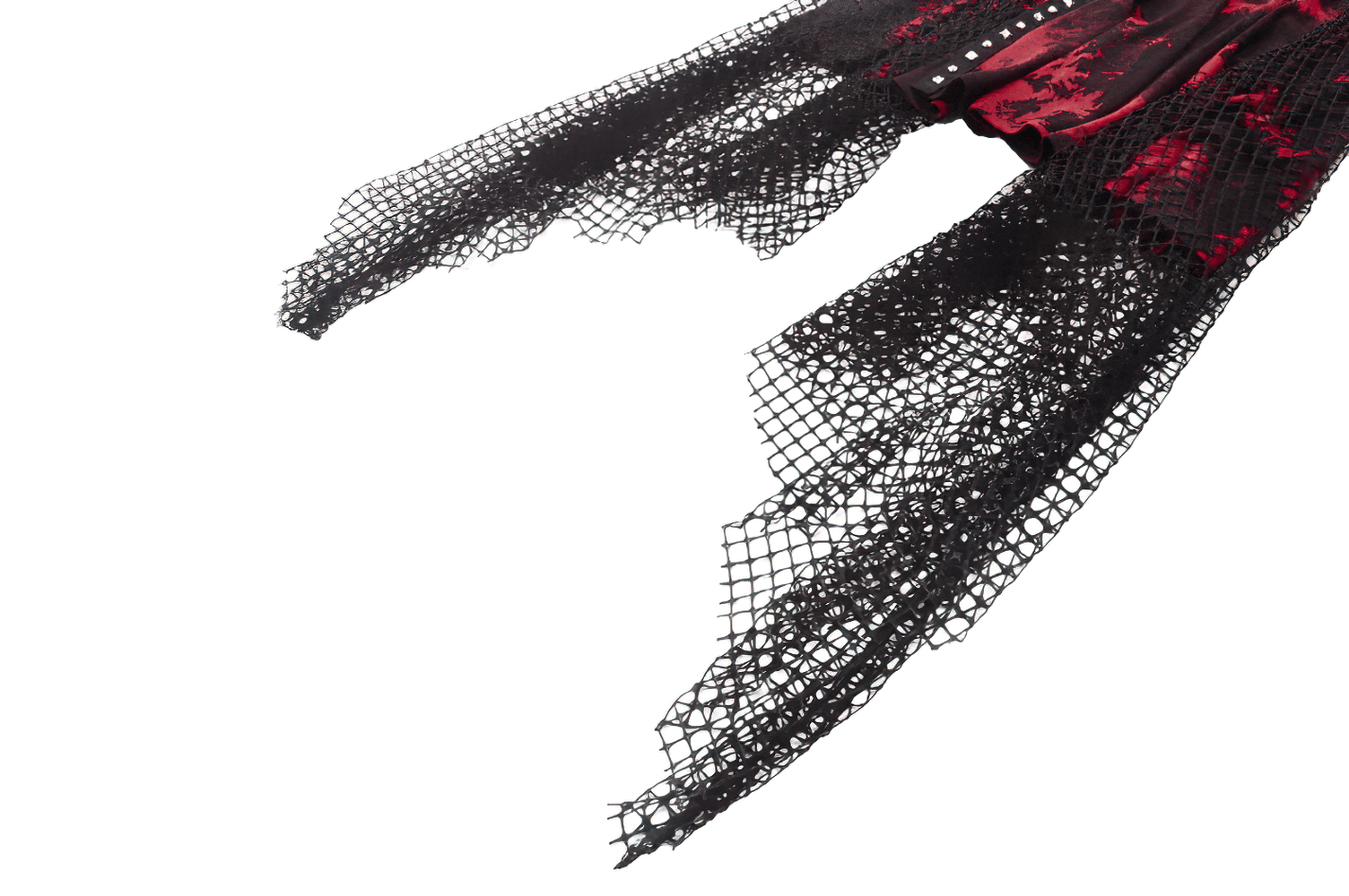 Close-up of fishnet detail on punk gothic dress, showcasing edgy asymmetrical design and bold style.