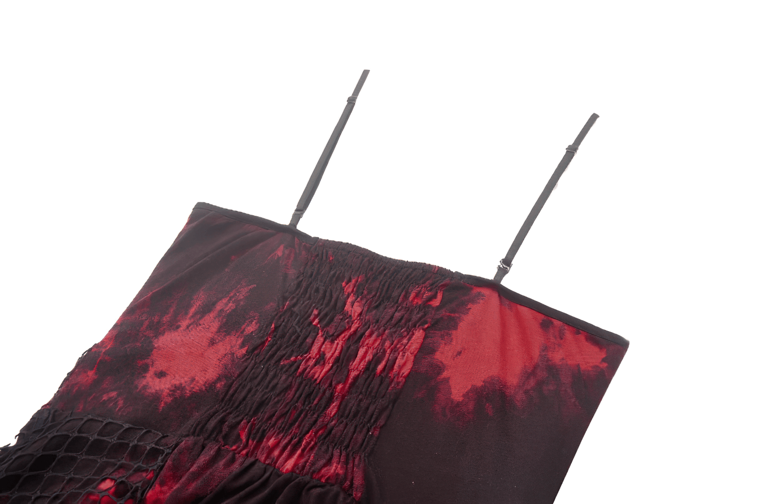 Close-up of punk asymmetrical goth dress with red tie-dye, fishnet detail, and strappy shoulders for edgy style.