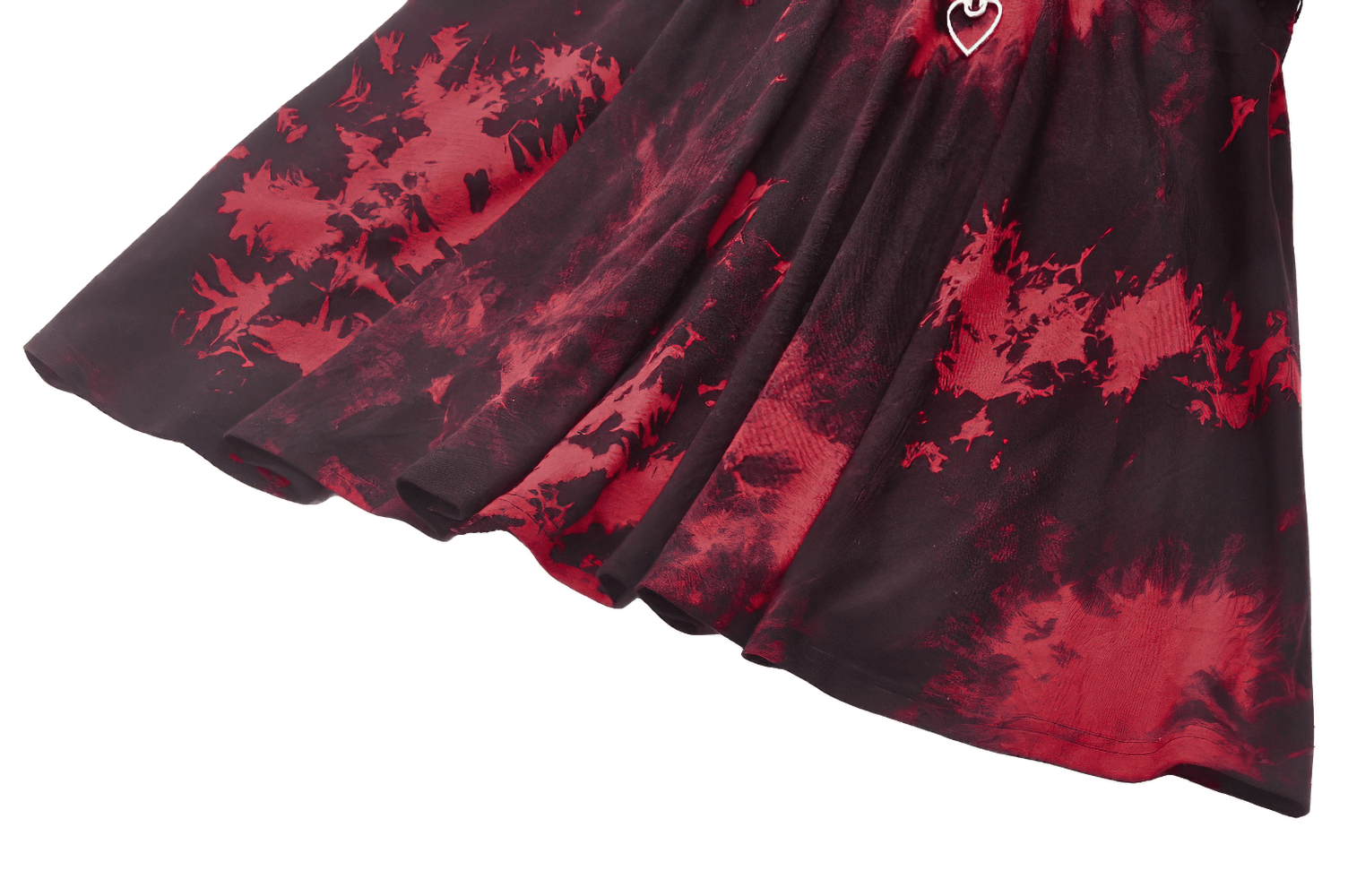 Punk asymmetrical dress in gothic tie-dye with red and black swirls, featuring a flowing fishnet skirt detail.