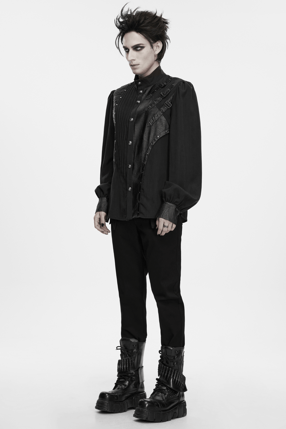 Punk Asymmetrical Shirt with Victorian Pleated Sleeves, black gothic men's shirt with lace-up details and metal accents