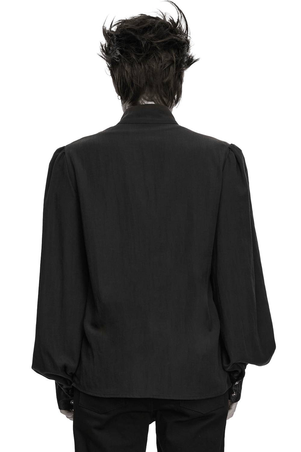 Punk Asymmetrical Shirt with Victorian Pleated Sleeves black gothic back view with Victorian-inspired pleats and dramatic puff sleeves