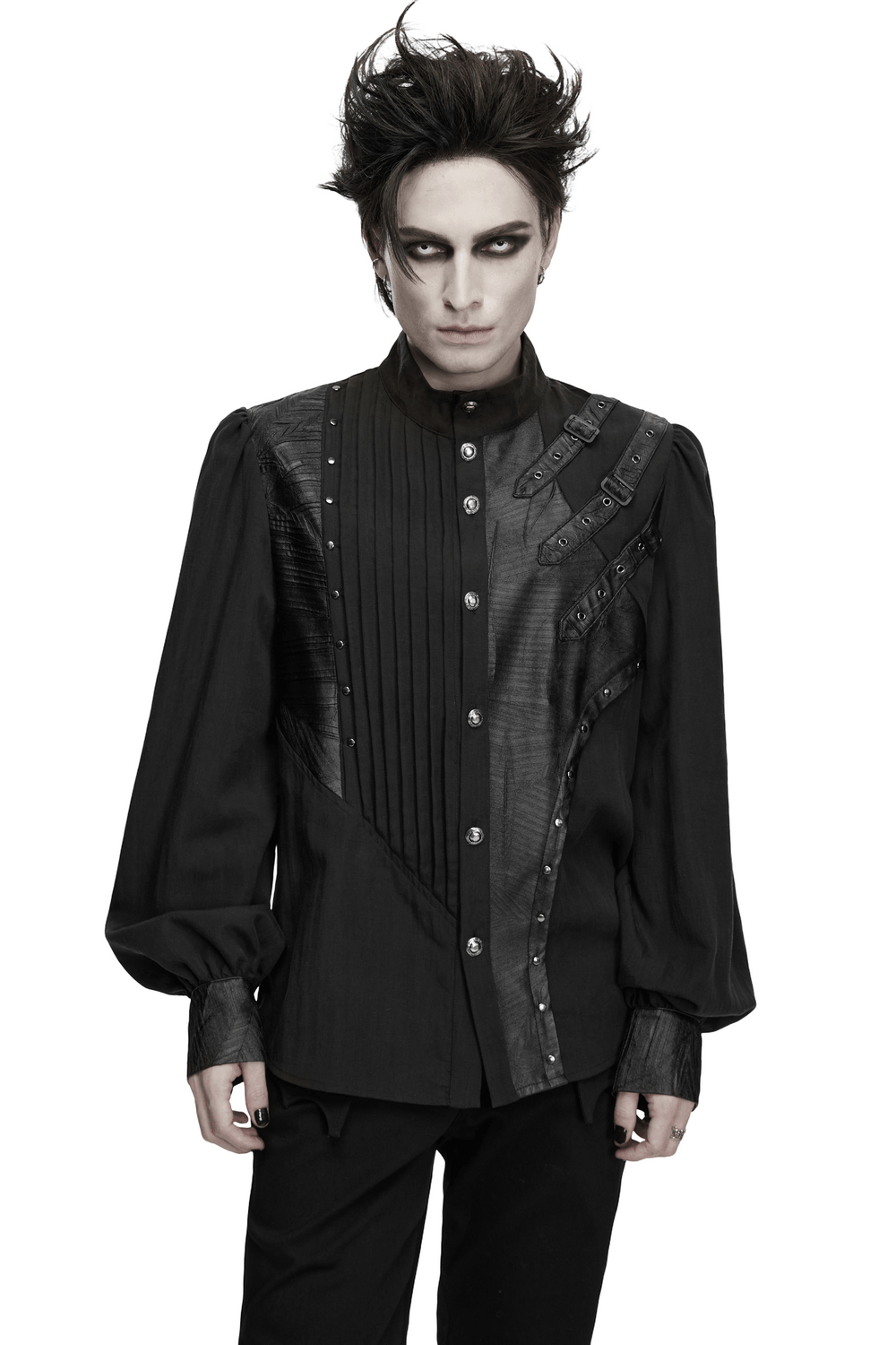 Punk Asymmetrical Shirt with Victorian Pleated Sleeves black gothic men's shirt with lace-up straps and pleated details