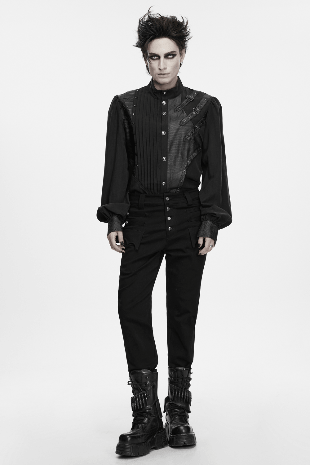Punk Asymmetrical Shirt with Victorian Pleated Sleeves black gothic men's velvet lace-up shirt with rivets and buckle straps